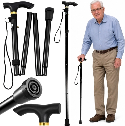 Baston de mers pliabil telescopic pentru seniori, negru 85–95 cm