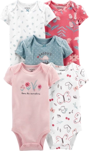 Body din bumbac pentru fetițe Carter’s cu mânecă scurtă, roz/albastru, set 5 buc.