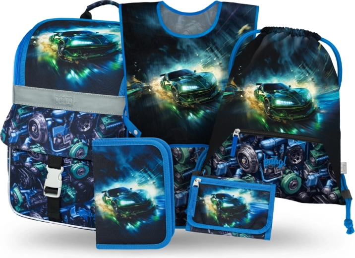 Set școlar Baagl 5 piese Zippy mașină de curse – ghiozdan, penar, săculeț, șorț și portofel