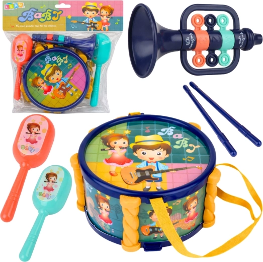Set muzical pentru copii – tobă, trompetă și zornăitori