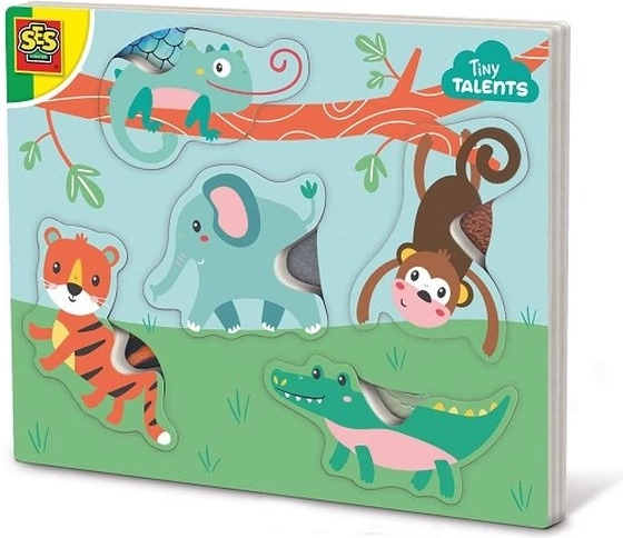 Puzzle tactile din lemn SES cu animăluțe