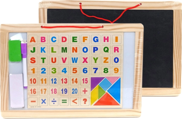 Tablă magnetică reversibilă pentru cretă și marker, cu litere, cifre și puzzle