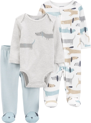 Set pentru bebeluși Carter’s, 3 piese – salopetă cu capse, pantaloni cu botoșei și body cu mânecă lungă Dogs (băiat)