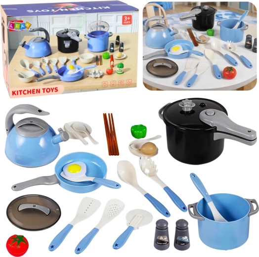 Set de bucătărie pentru copii cu vase, 32 de piese, albastru