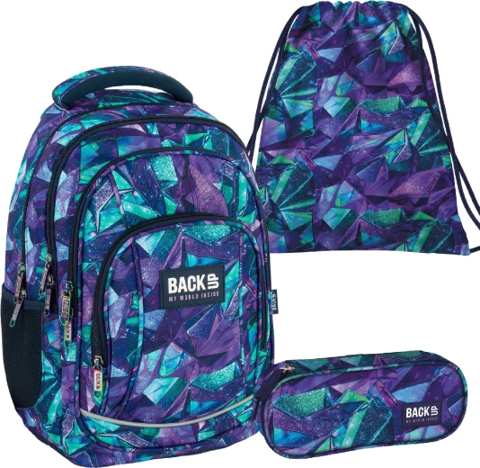 Set școlar BackUP Crystal 3în1 (rucsac, penar tip etui și sac pentru încălțăminte)
