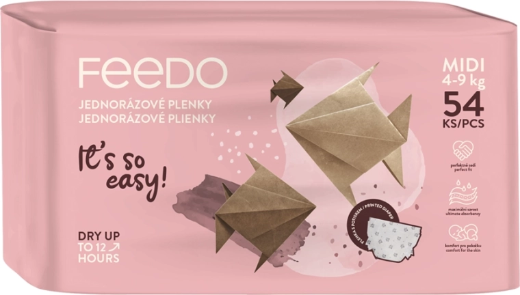Scutece de unică folosință pentru copii FEEDO Midi 3 (4–9 kg), 54 buc