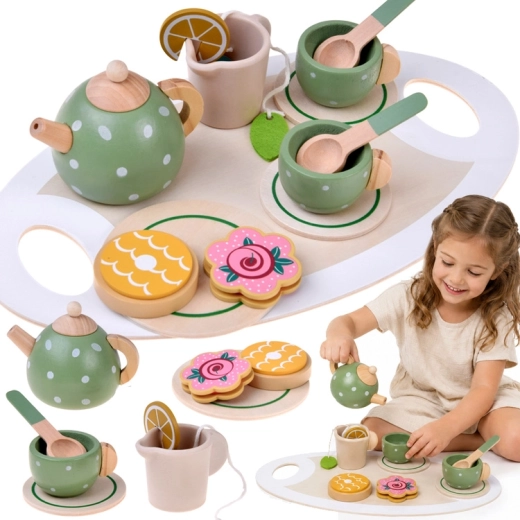 Set de ceai din lemn pentru copii, fistic – 15 piese