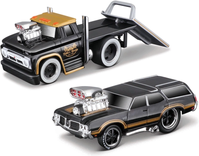 Maisto Muscle Transports 1966 Chevrolet C60 Flatbed cu 1970 Oldsmobile Vista Cruiser 1:64