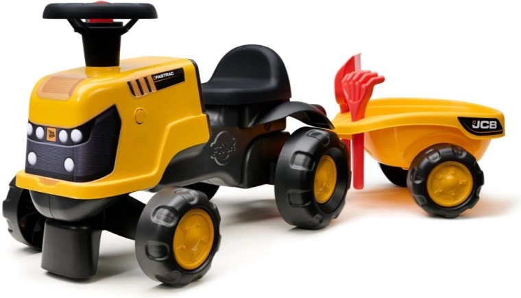 Trotinetă tip tractor JCB Fastrac cu remorcă, lopățică și greblă 1–3 ani