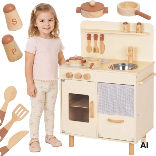Bucătărie din lemn pentru copii bej cu accesorii TOOKY TOY