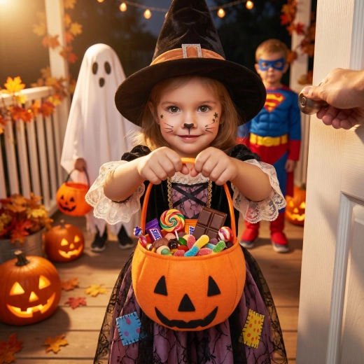 Coșuleț de pâslă portocaliu pentru Halloween, cu motiv de dovleac