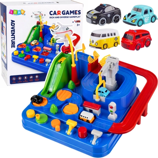 Pistă auto interactivă cu obstacole și parcare, 4 mașini și elicopter – albastră