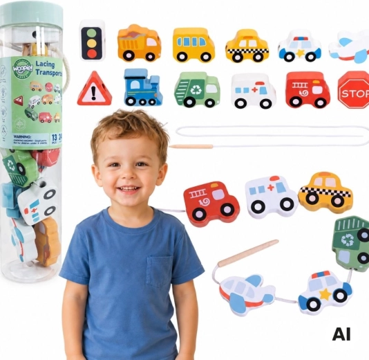 Woopie Green joc de înșirare din lemn mijloace de transport 13 piese