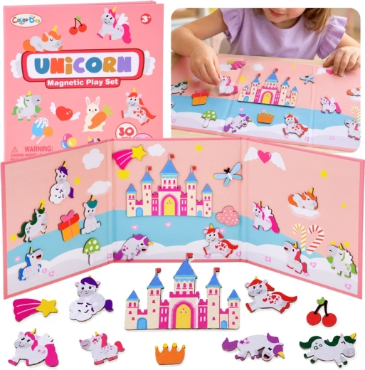 Puzzle magnetic cu unicorni de basm, cu planșă magnetică pliabilă și 30 de magneți