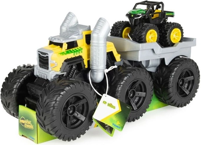 Tomy John Deere Monster Treads Roaring Rev Up Hauler – set de monster truck cu transportor și vehicul Gator