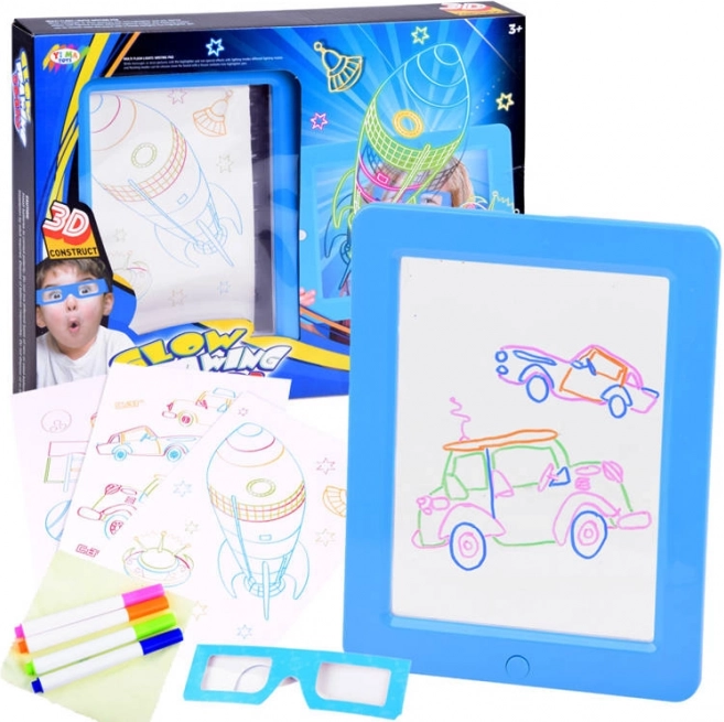 Tăbliță de desen iluminată cu ochelari 3D și markere neon – Albastru