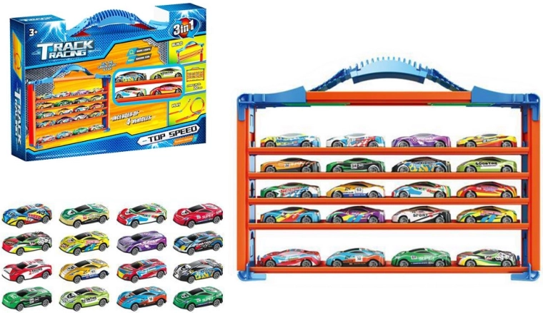Set pistă de curse cu bucle inversate și raft de depozitare pentru mașinuțe