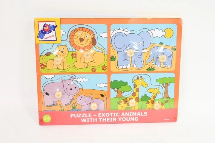 Puzzle-uri baby din lemn WOODY cu butoni, pui de animale 4 în 1