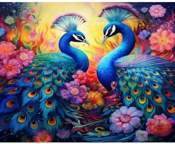 Pictură cu diamante – Întâlnirea păunilor 30 × 40 cm