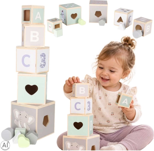 Cuburi din lemn pentru construirea unui turn cu sorter de forme
