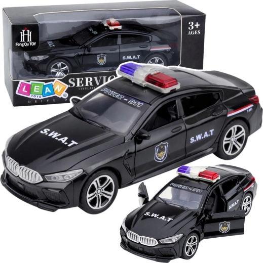 Mașină de poliție SWAT cu lumini și sunete, uși care se deschid, neagră