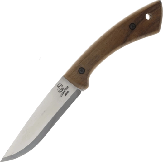 Cuțit bushcraft din oțel carbon cu mâner din nuc impregnat și teacă din piele