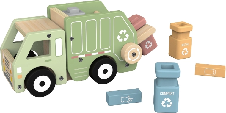 2Kids Toys camion de gunoi din lemn pentru reciclare cu containere
