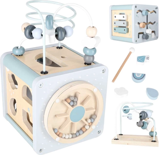 Cub educativă din lemn pentru dezvoltarea motricității, 5 în 1, albastră
