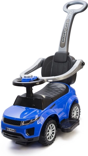 Vehicul pentru copii tip ride-on și mașinuță de împins 2în1 cu tijă de ghidare și claxon, albastru