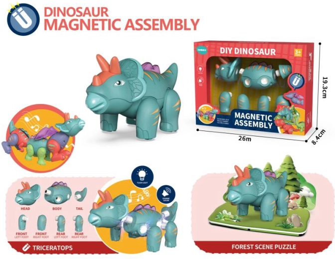 Dinozaur magnetic Triceratops cu lumină și sunet