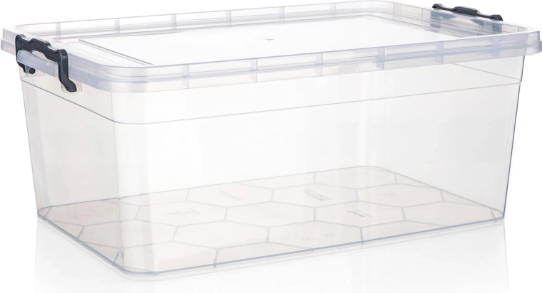 Cutie de depozitare Gema 20 l cu capac și cleme, transparentă