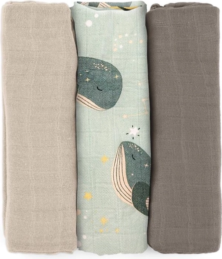 Petite&Mars scutece din muselină de bambus Moussy whale song 68 × 68 cm, 3 buc