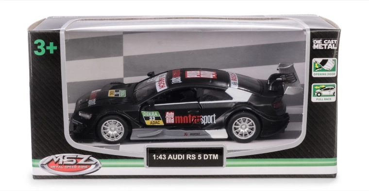 Model mașină AUDI RS 5 DTM 1:43 negru metal cu uși deschise și mecanism pull-back
