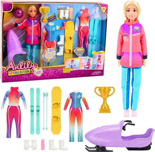 Colecția Anlily – păpușă sport cu echipament de iarnă (schiuri, snowboard și snowmobile) 30 cm