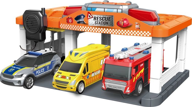 Stație a serviciilor de urgență cu pompieri, poliție și ambulanță, cu lumini și sunete