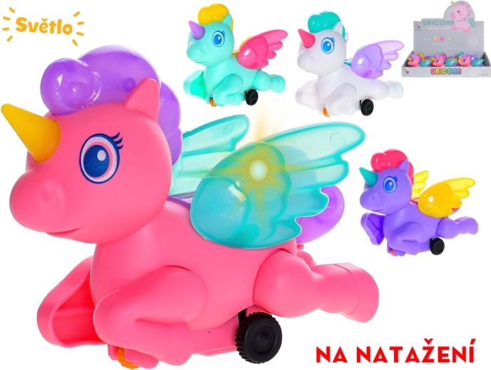 Unicorn călăreț cu mecanism de tragere (pull-back) cu lumină, 13 cm