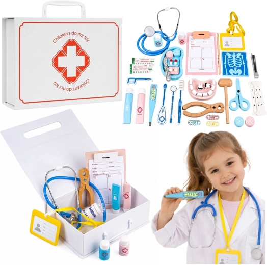 Valiză medicală din lemn pentru copii cu accesorii – 36 de piese