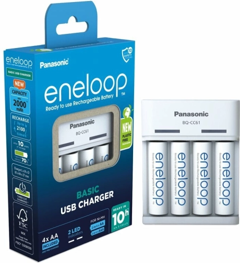 Încărcător USB Panasonic Eneloop EKO BQ-CC61 + baterii reîncărcabile AA 2000 mAh (4 buc)