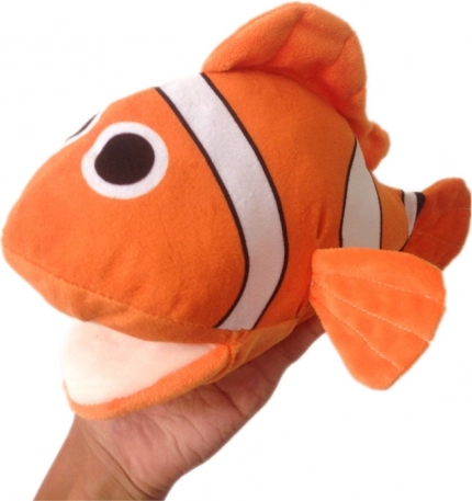 Pește-clovn portocaliu din pluș, tip marionetă de mână, 25 cm