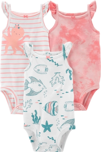 Body pentru bebeluși Carter’s fără mâneci Pink ocean – set 3 buc.