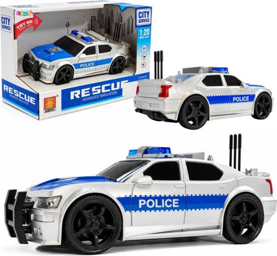 Mașină de poliție pe baterii 1:20 cu lumini și sunete, argintie