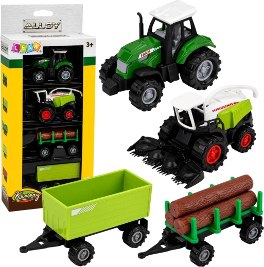 Set de vehicule agricole 1:68 – tractor, tocătoare, remorcă și trailer pentru lemn (4 buc.)