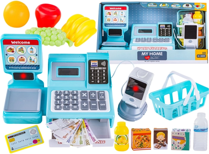 Casă de marcat educativă pentru copii pentru joaca de-a magazinul, cu cântar, calculator, cititor de coduri și terminal de plată