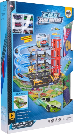 Parcare pe mai multe niveluri cu lift și covoraș de joacă + 6 mașinuțe