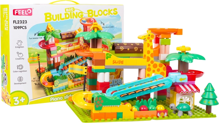 Set de construcție safari cu pistă de bile și pian (109 piese)