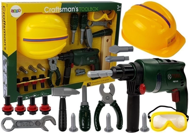 Set de unelte de atelier pentru copii cu bormașină, ochelari de protecție și cască