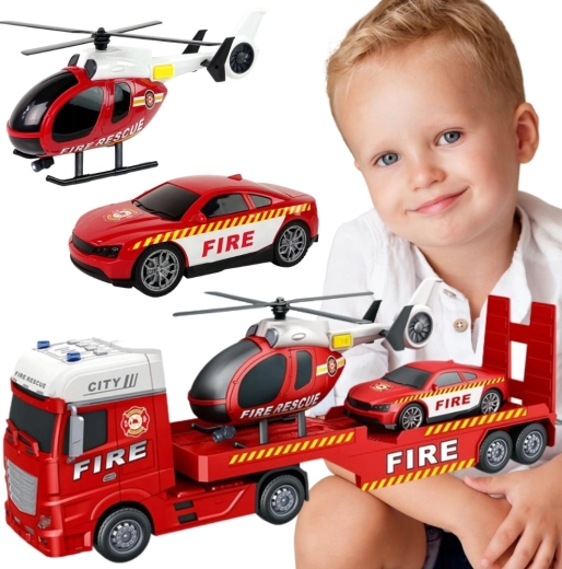 Woopie, camion de remorcare pentru pompieri cu elicopter și mașină, cu lumini și sunete