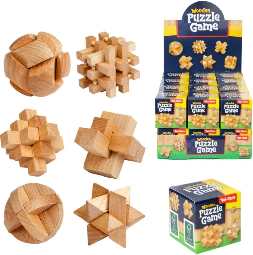 Puzzle 3D din lemn – mix de tipuri în cutie cadou 5 × 5 cm