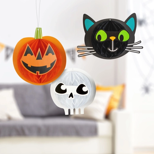 Set halloweenske de lampioane suspendate din hârtie, cu dovleac, pisică și craniu