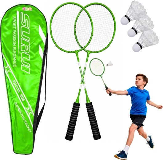 Set de badminton verde: 2 rachete, 3 fluturași din plastic și husă